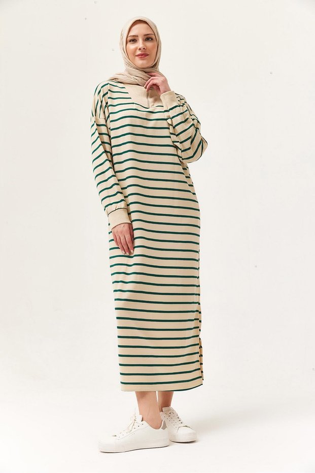 Green Cotton Half Zipper Detailed Striped Patterned Long Sleeve Comfortable Fit Dress