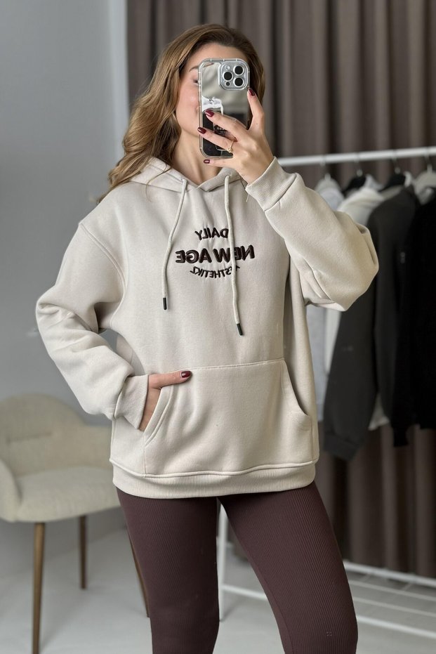 Beige Cotton Blend Hooded Off-Shoulder Oversize Sweatshirt with Kangaroo Pocket