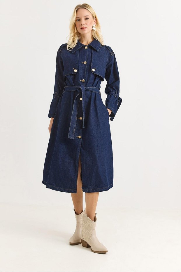 Navy Blue Stretch Denim Fabric Shirt Collar Gold Button Epaulet Detail Modern Cut Dress