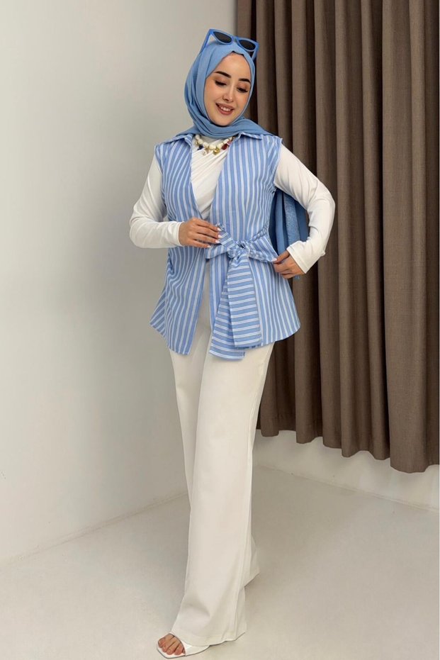 Blue Striped Patterned Shirt Collar Sleeveless Waist Tie Comfortable Form Woven Blouse