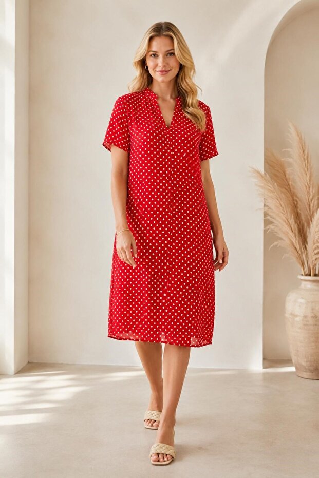 Red Viscose Fabric V-Neck Short Sleeve Unlined Speckled Pattern Summer Dress