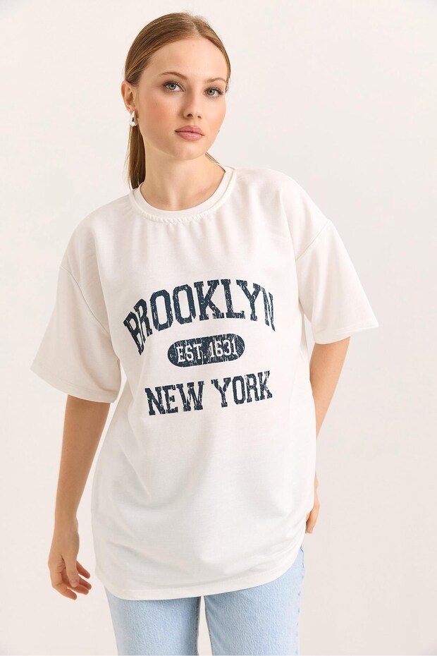 Ecru Two-Thread Crew Neck Drop Shoulder Oversize Brooklyn Printed Comfortable Fit T-Shirt