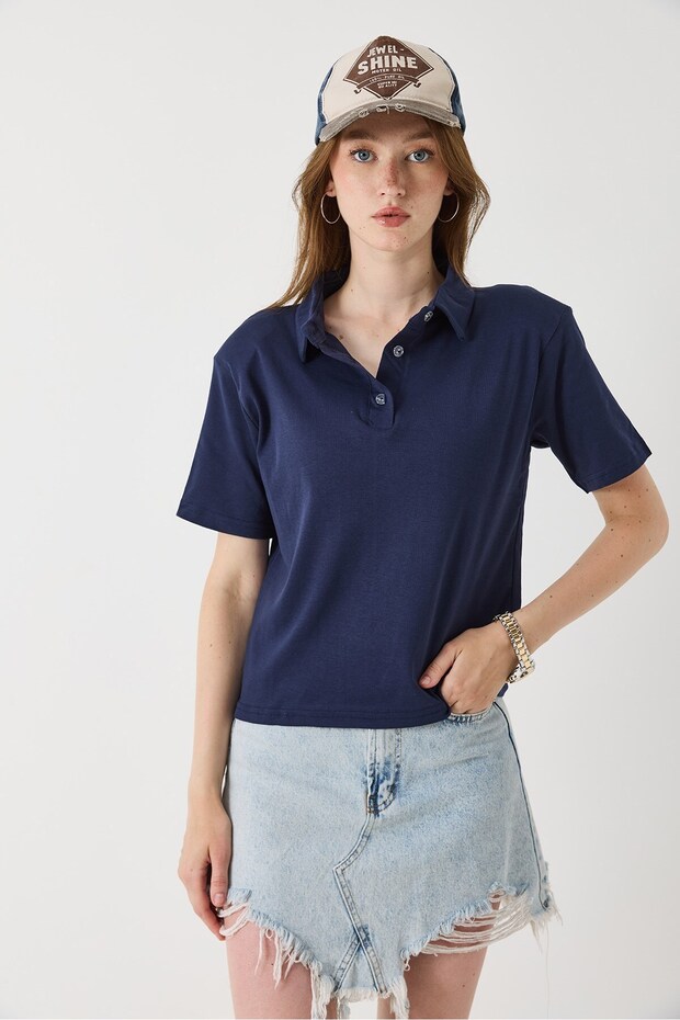 Navy Blue Cotton Flexible Ribbed Fabric Polo Collar Padded Short Sleeve Buttoned Form T-Shirt