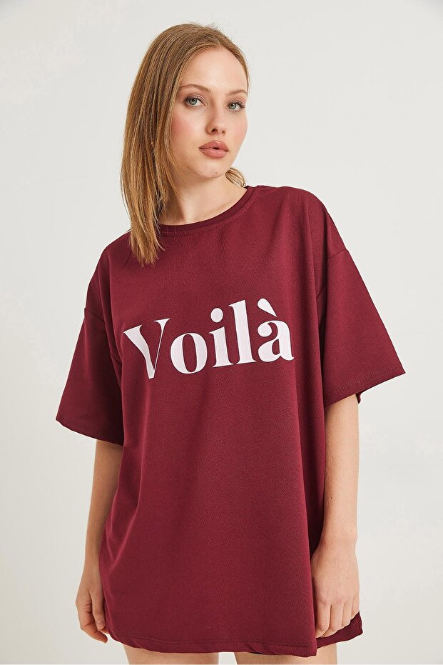 Burgundy Cotton Blend Crew Neck Drop Shoulder Oversize Two Thread Printed T-Shirt