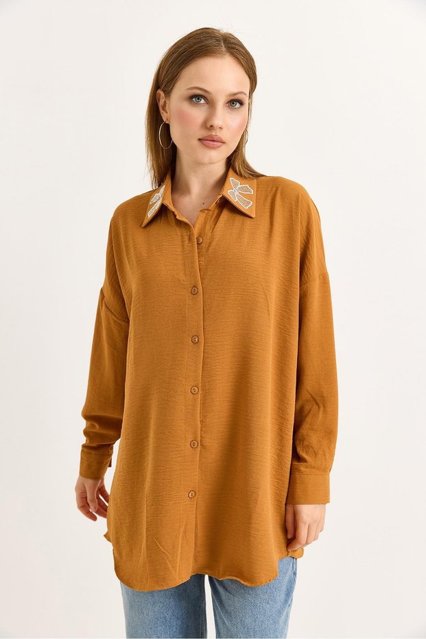 Coffee Woven Ayrobin Stretch Fabric Low Shoulder Collar Stone Detailed Buttoned Form Shirt