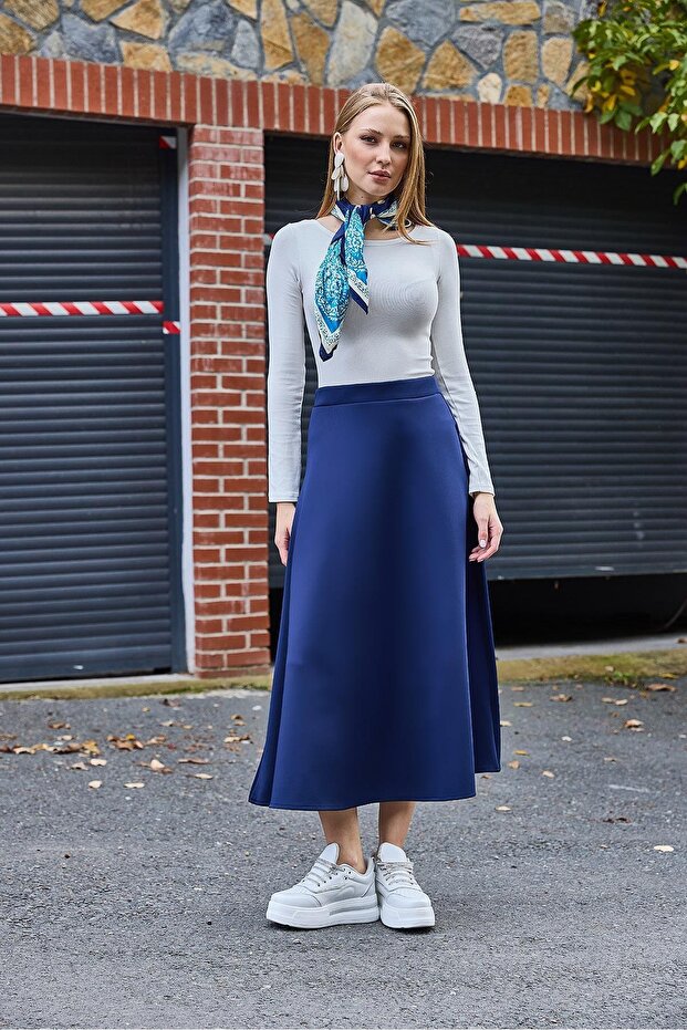 Navy Blue Flexible Textured Skirt with Elastic Waist, Flared Cut, Comfortable Fit, Functional Detailing