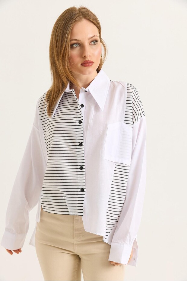 White Striped Garnished Shirt Collar Comfortable Fit Reverse Pocket Detailed Buttoned Long Sleeve Shirt