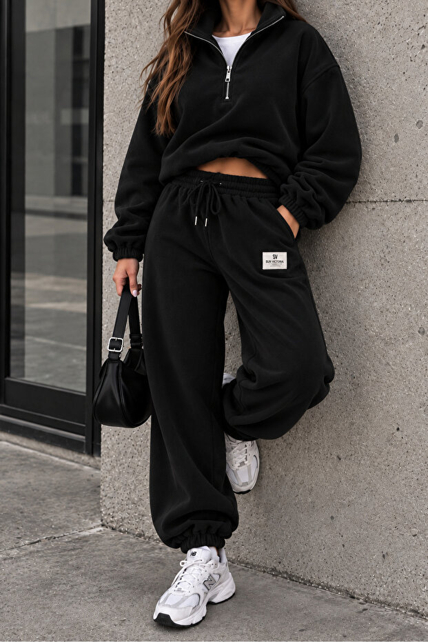 Women's Black Winter Thick Fleece Fabric High Waist Jogger Sweatpants