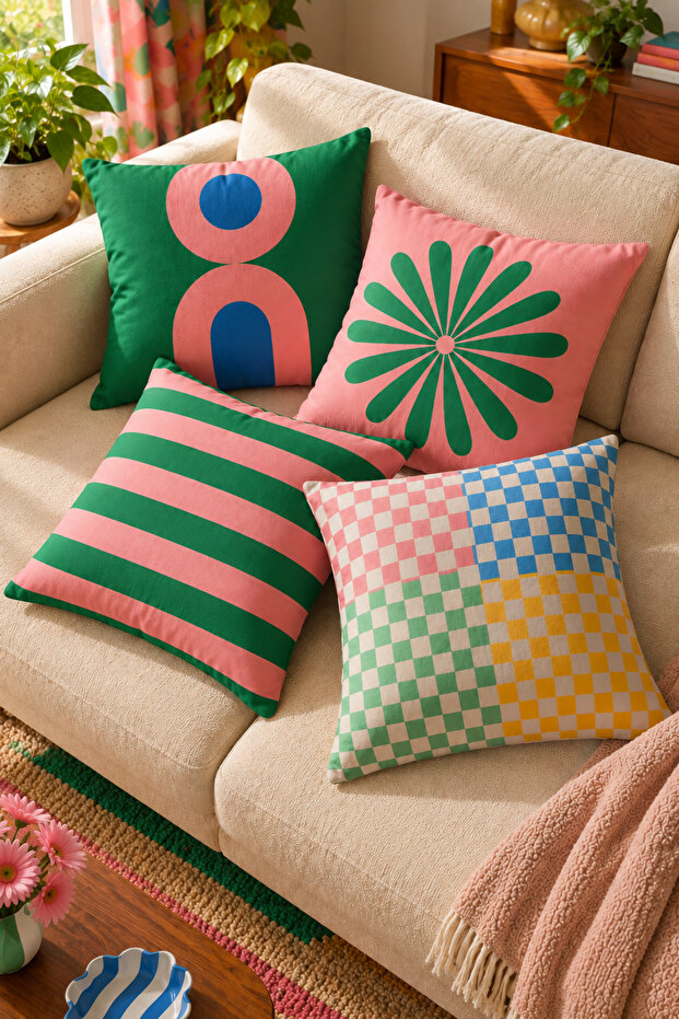 Pop Joy | Colorful Retro Geometric Patterned Set of 4 Decorative Throw Pillow Covers | Pink Green Modern Design
