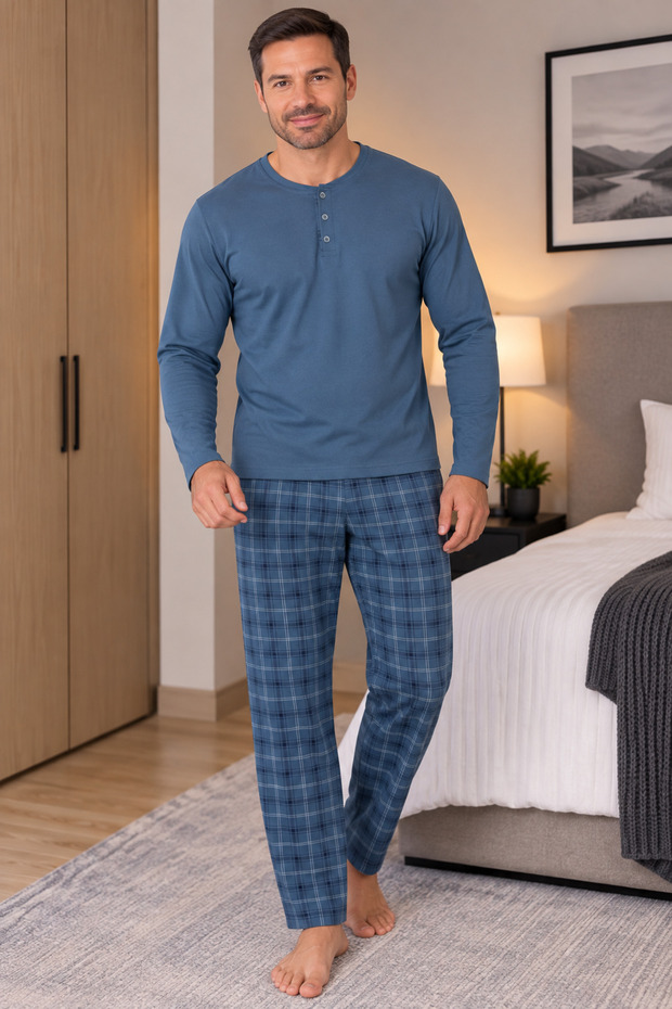 Men's Interlock Comfortable Fit Plaid Round Neck Cotton Pajama Set 6860