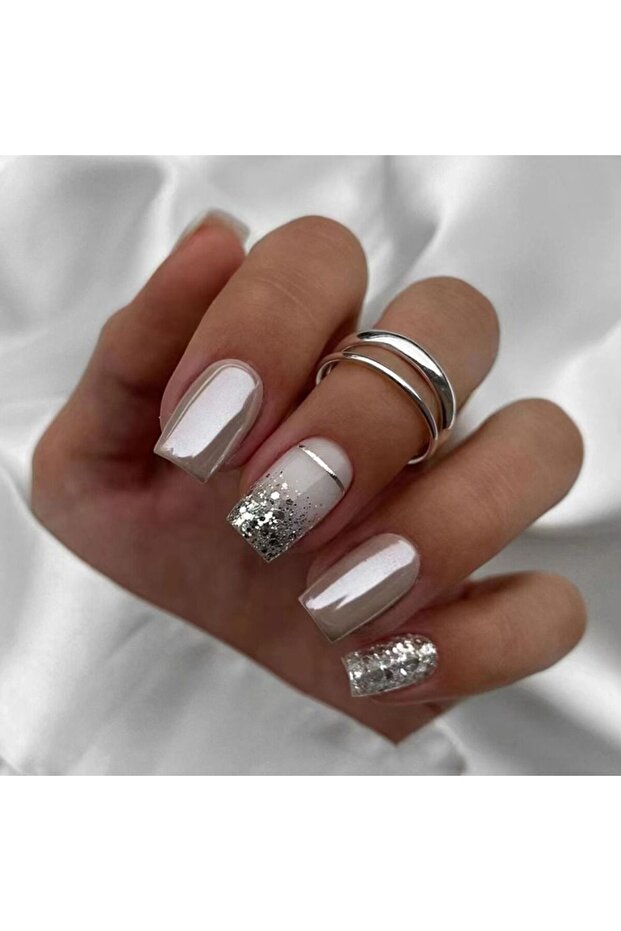 1 24Pcs/Box Silver Glitter Long Square False Nails French Detachable Nail Tips DIY Fake Nials Press