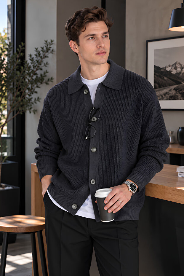 Men's Cardigan Oversize Fit Buttoned Polo Collar Knitwear Sweater Non-Stretch