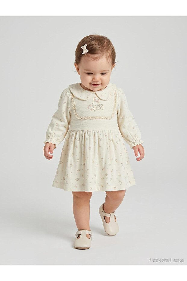 Floral Print 3-12 Months Dress - Ecru