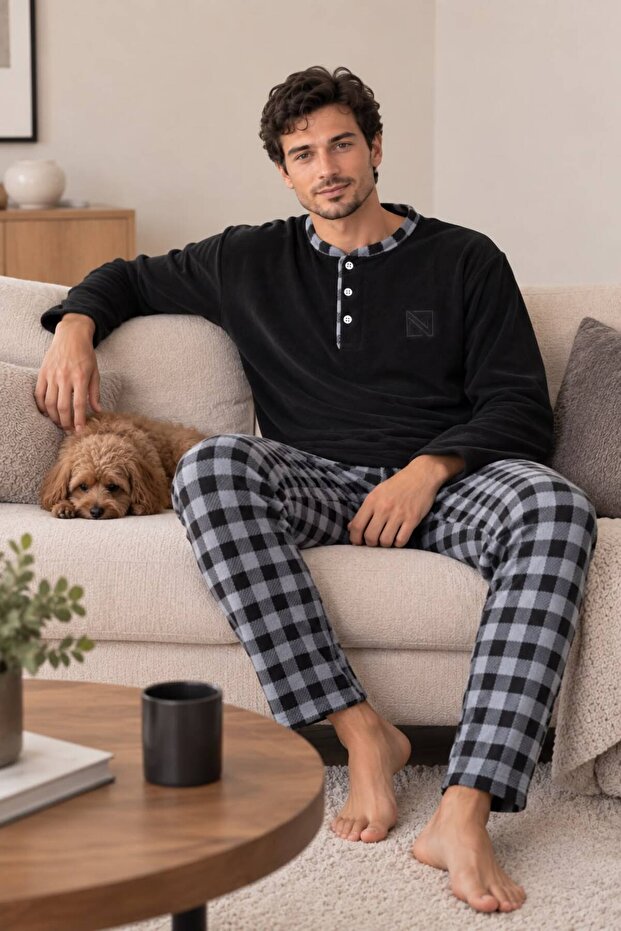 Premium Quality Black Winter Men's Plaid Fleece Pajama Set