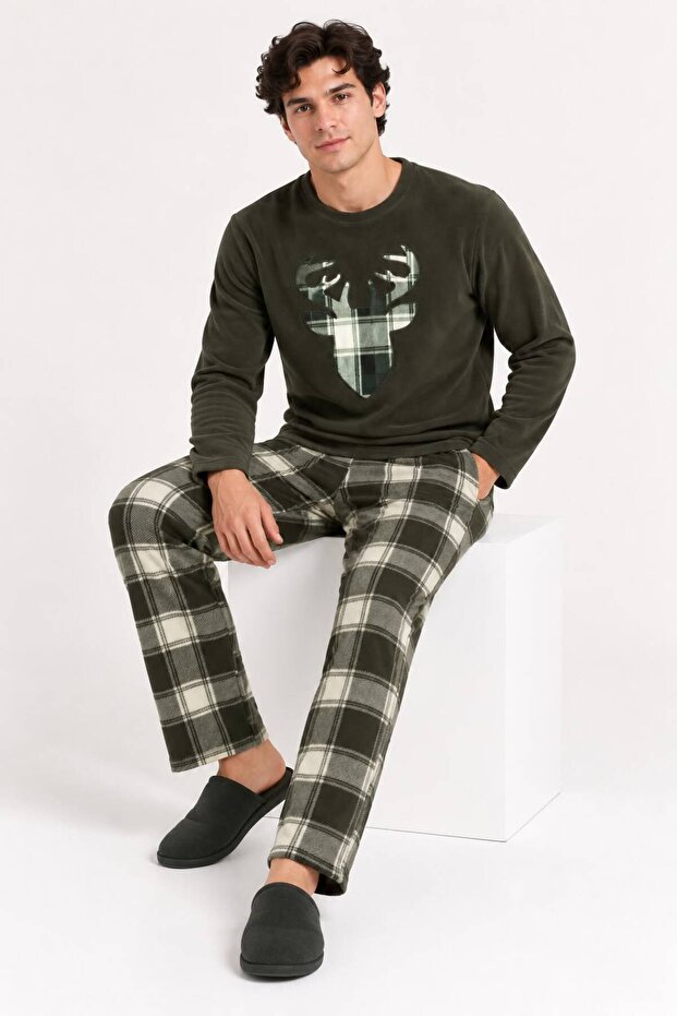 Exclusive Khaki Deer Patterned Men's Fleece Pajama Set - New Year's Pajamas