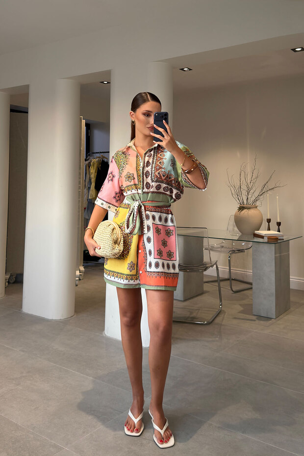Colorful Belted Shirt Dress - Green