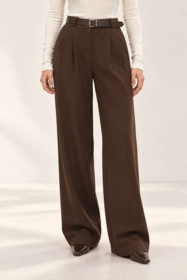 Women's Belted Lycra Brown Palazzo Trousers