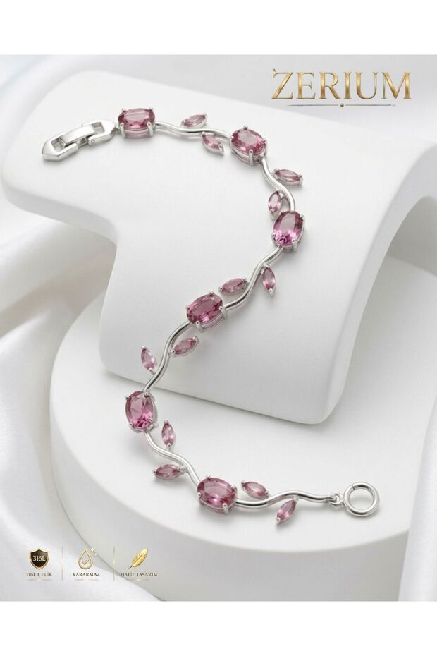 Women's Steel Bracelet Premium Series Pink Stone Ivy Leaf Motif