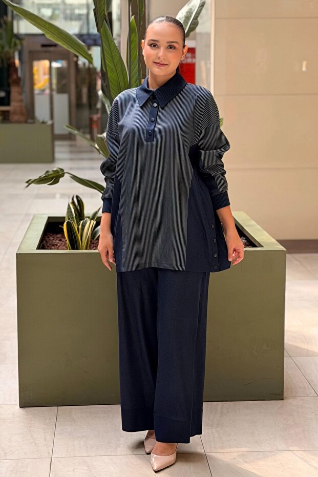 Shirt Collar Snap Button Striped Tunic Pants Set