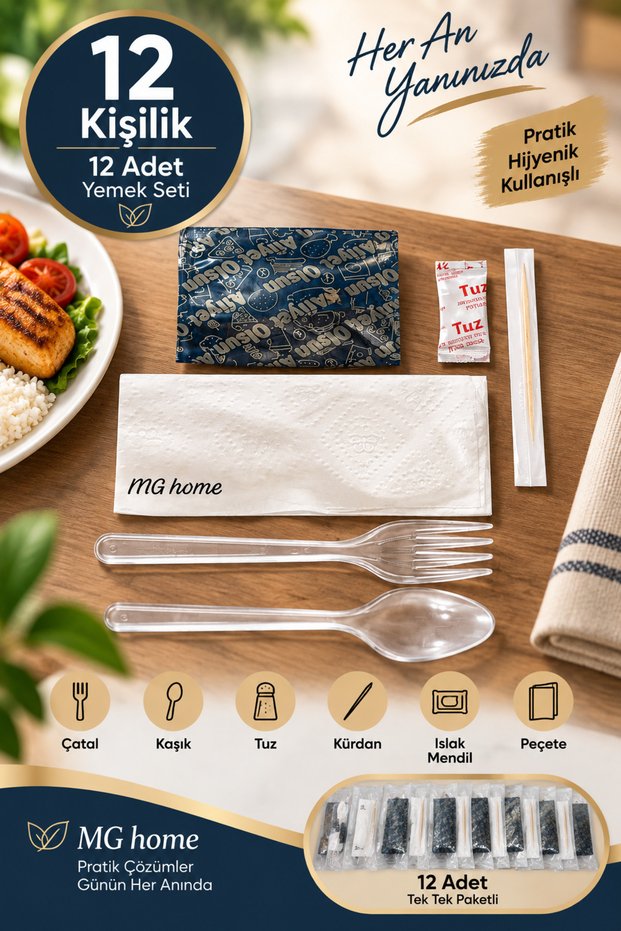 12 Pieces | | 6-Piece Dining Set Transparent | | Single Packaged | | Spoons, Forks, Toothpicks, Napkins, Salt, Wet Wipes, Food Distribution, Spoons, Forks, Nursery School, Meeting, Community, Bulk Food Distribution Set, Mevlüt Kuran