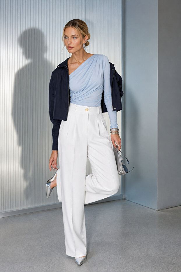 White Pleated Palazzo Trousers with Elastic Back