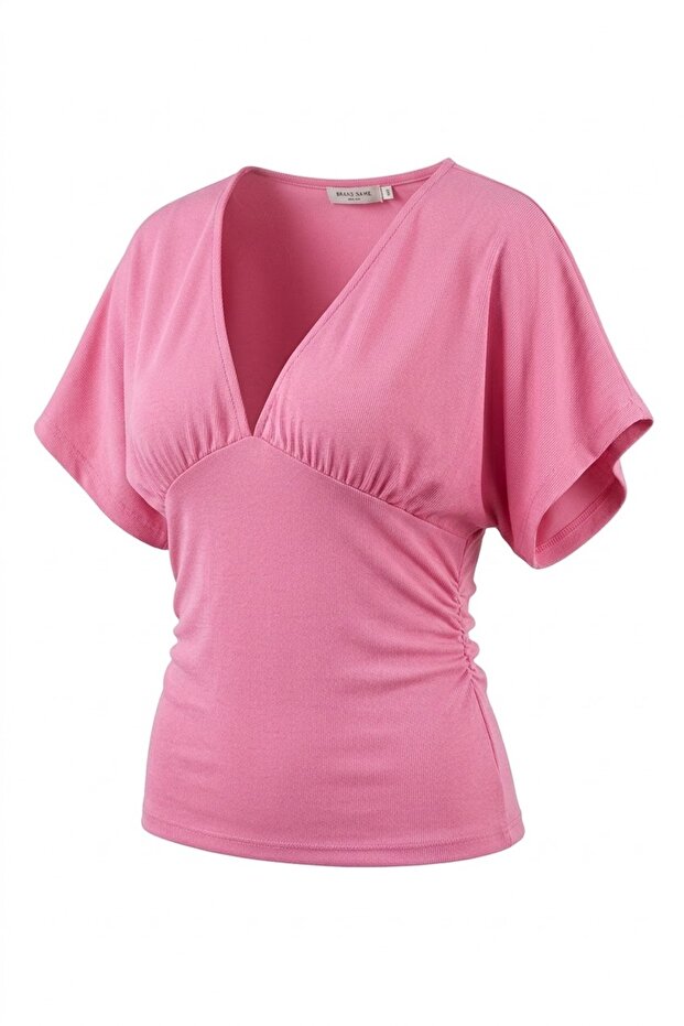 Women's Deep V-Neck Side Gathered Cotton Trendy T-Shirt