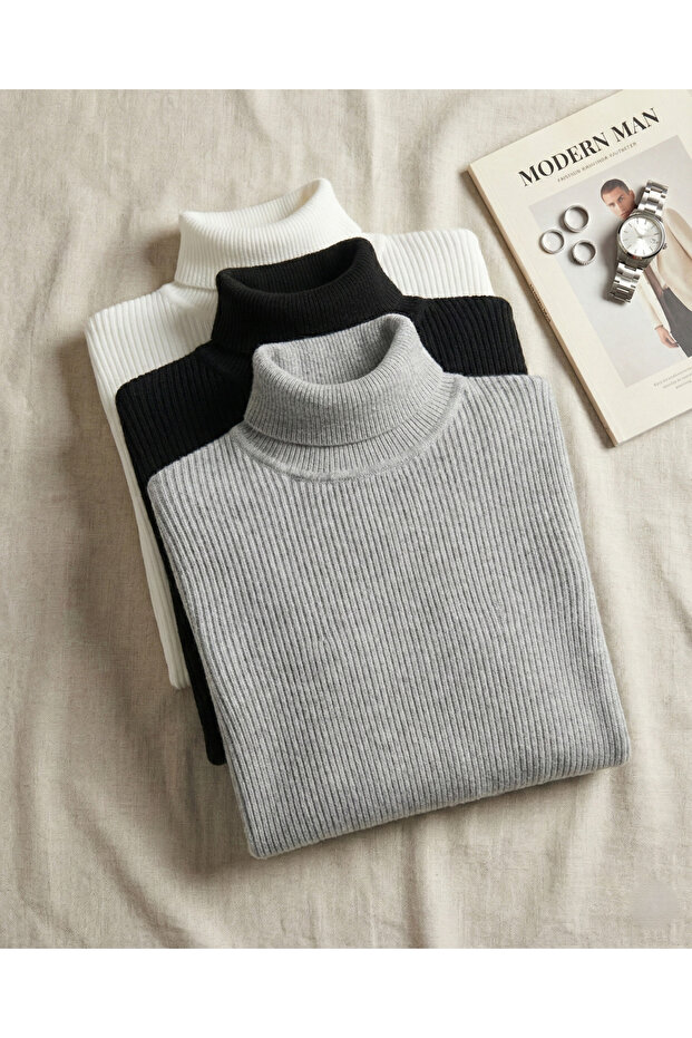 Unisex Cotton Black Gray White Turtleneck Ribbed Knit Fleece-Lined Slimfit High-Necked 3-Piece Sweater