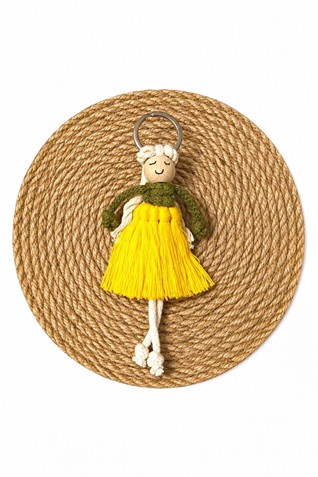 Girl's Knitted Macrame Keychain/Bag Ornament with Yellow Skirt