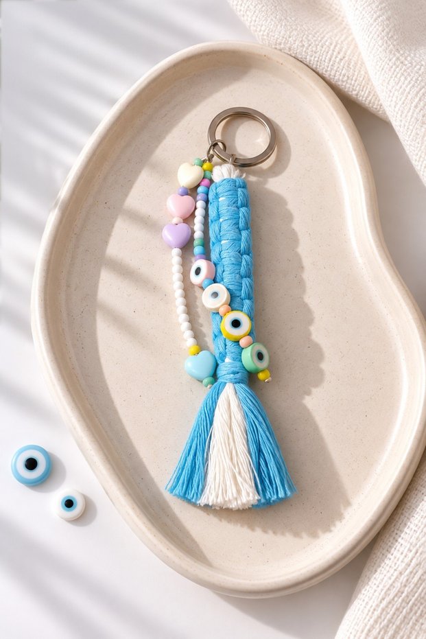 Evil Eye and Heart Beaded - Double Braided Macrame Charm Keychain/Bag Charm