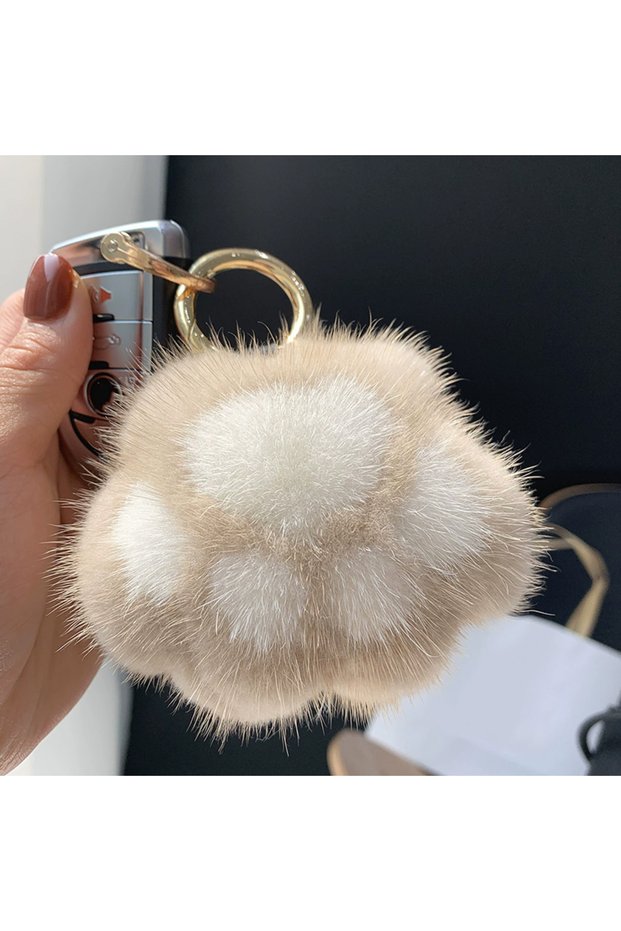 khakiwhite Lovely Fluffy Cat Paw Keychain Fur Hair Pompon Keychain For Women Girls Cute Animal Paw P