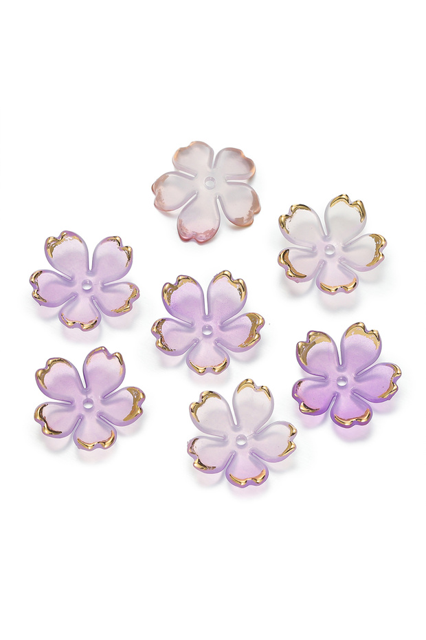 Purple 50pcs Cherry Blossoms Acrylic Beads Golden Brushed Patter Petals Charm Connector DIY Earrings