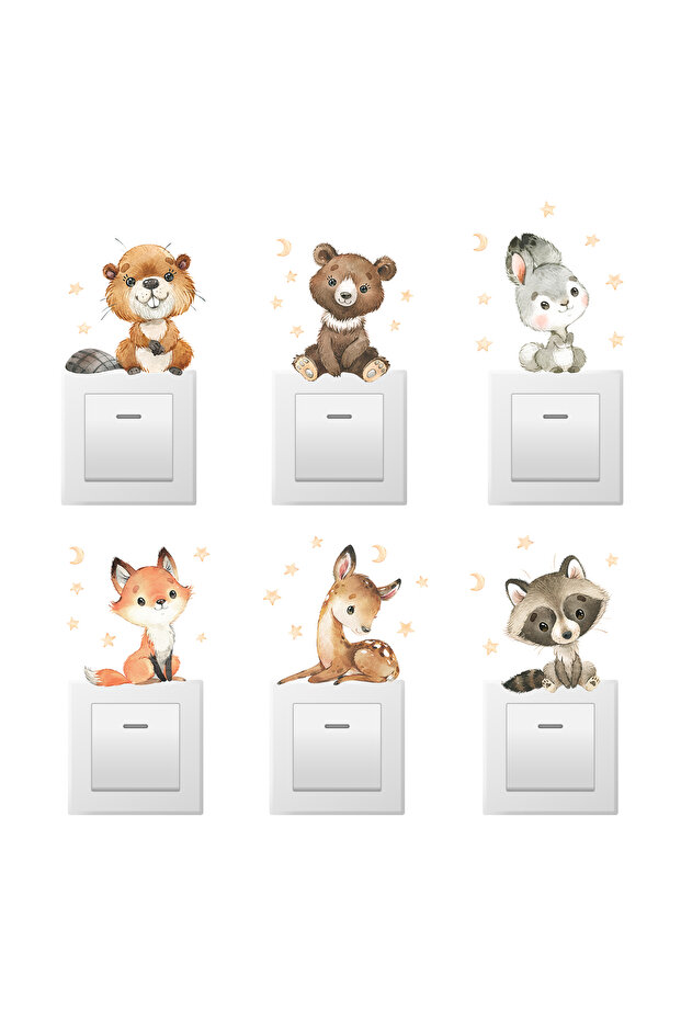 BR-S015 6pcs Cartoon Fox Squirrel Rabbit Animal Switch Wall Stickers for Kids Room Bedroom Nursery