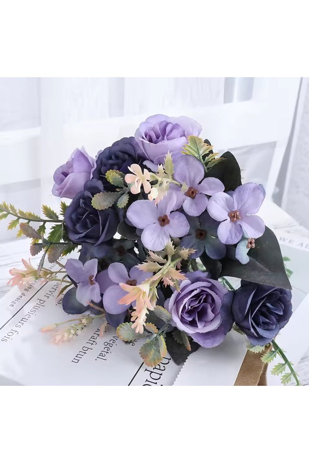 Deep Purple Home Decor Roses Autumn Artificial Flowers Silk Peony Hydrangea Big Bride Bouquet Weddin
