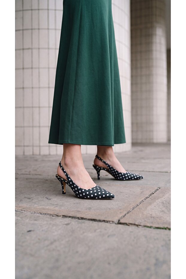 Black Color Polka Dot Patterned Women's Heeled Shoes