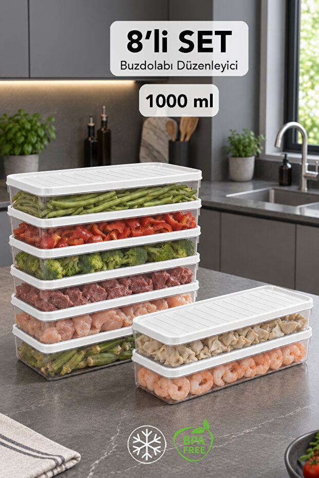 8-Piece Refrigerator Organizer - Refrigerator Suitable Storage Container Multi-Purpose Kitchen Organizer 1000ml White