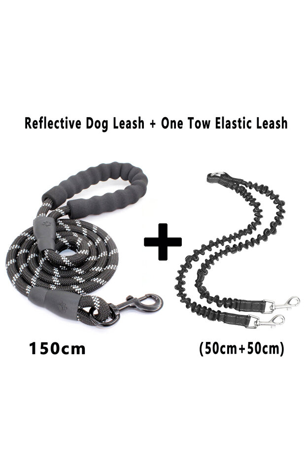 black Double Dog Leash 360 Swivel No Tangle Walking Leash Shock Absorbing Bungee for Two Dogs Retrac