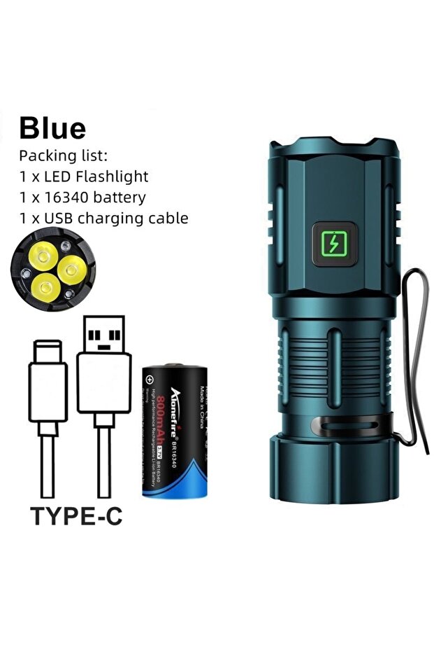 16340 Blue 6500K 3x Led Mini Palm Small Flashlight USB Rechargeable Portable Magnet Torch Outdoor Hi