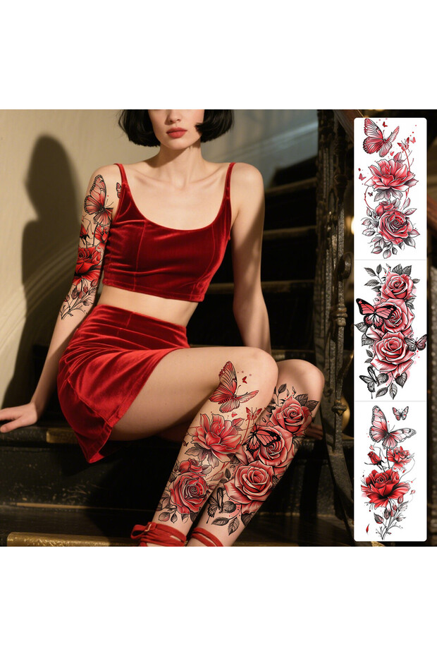 monochrome 3pcs Red Flower & Butterfly Temporary Tattoo Stickers For Women, Waterproof & Long Lastin