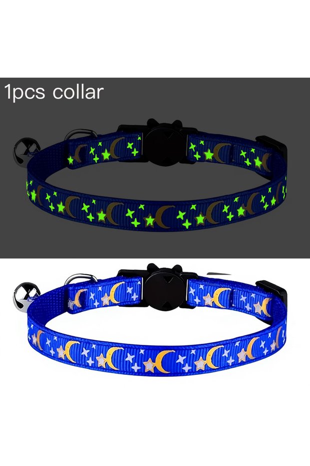 Blue Pet Collar Cat Dog Gold Color Stars and Moon Pet Collar with Bell and PP Material Separate Lumi