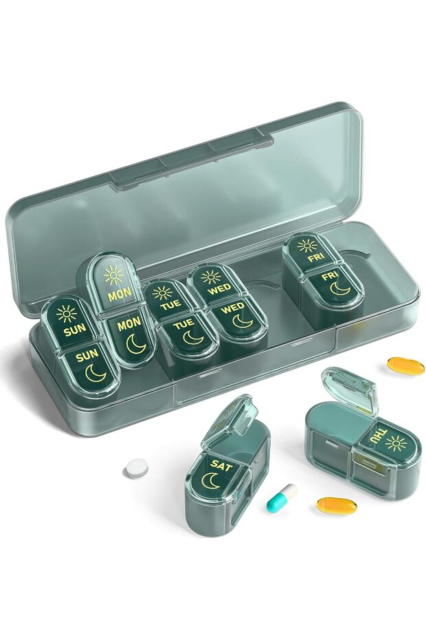 Cyan 7 Day AM/PM Pill Organizer, 2x/Day Weekly Pill Box, Sealed Portable Medicine Case with 14 Compa