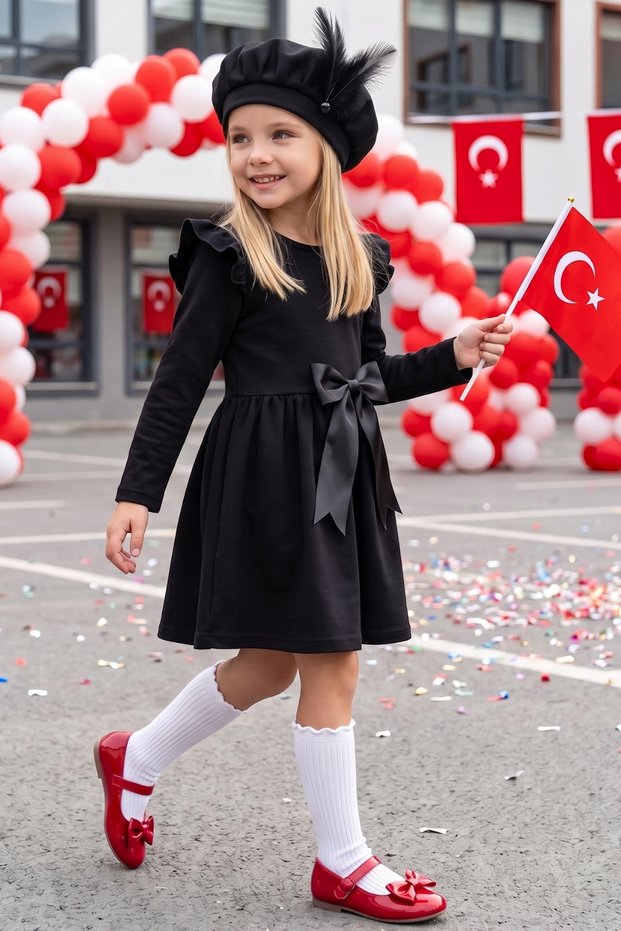 Girl's Black Sofia Cotton Bow Detailed Christmas Dress and Evening Dress Set