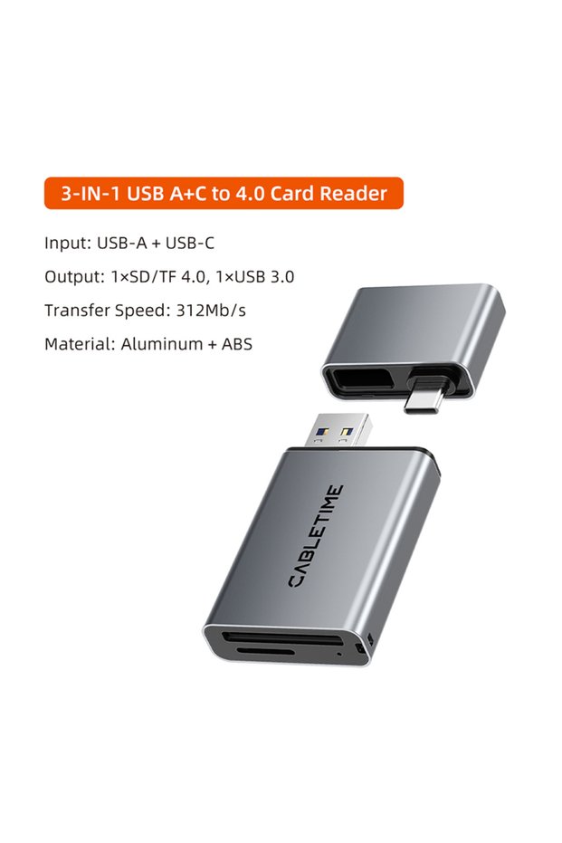 4.0 Crad CABLETIME 3-in-1 SD4.0 Card Reader 5Gbps 312MB/s with USB a & USB C Aluminum Alloy SD/TF Ca
