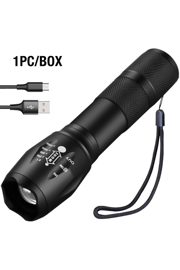 ZOOM black 1pc T6 Strong Light Flashlight LED Aluminum Alloy Telescopic Zoom Battery Version Chargin