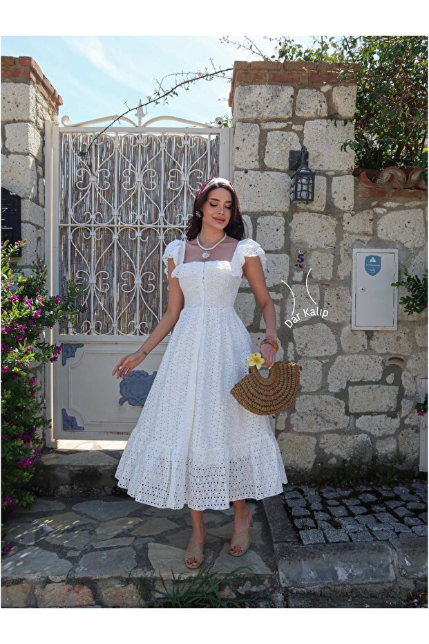White Picot Trim Ruffle Detail Dress