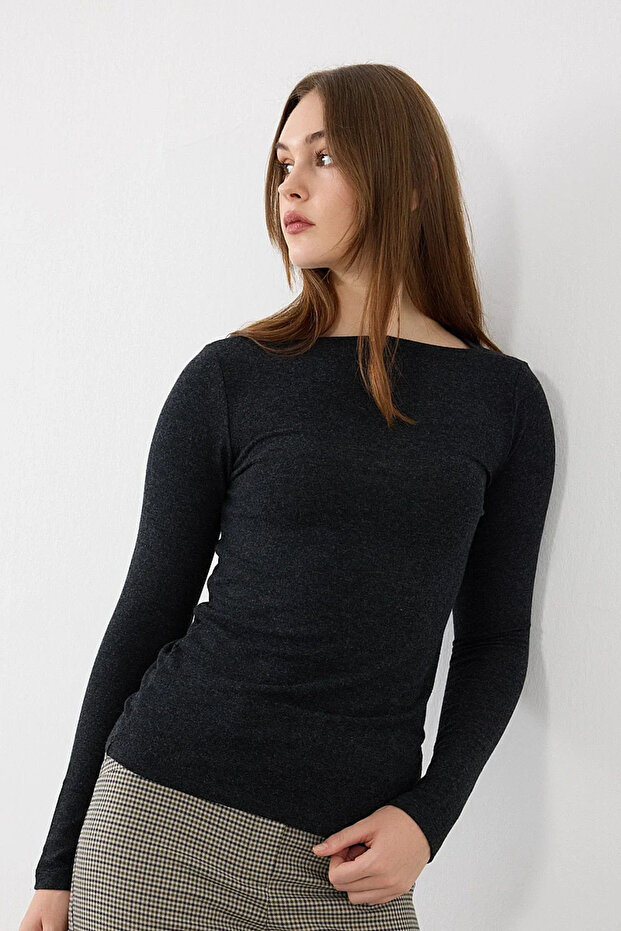Boat Neck Long Sleeve Knitted Blouse - Black