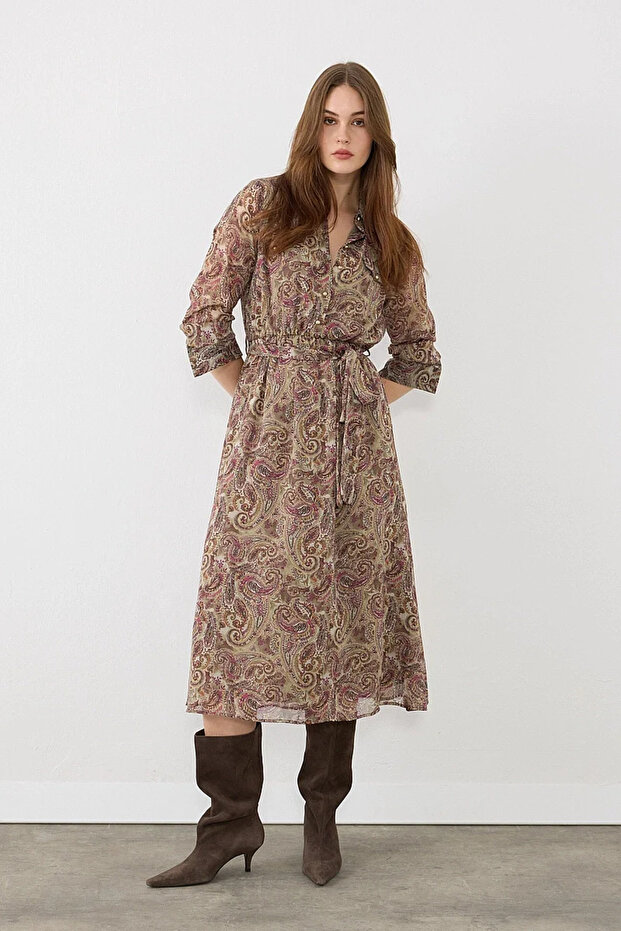 Shawl Patterned Long Shirt Dress - Green