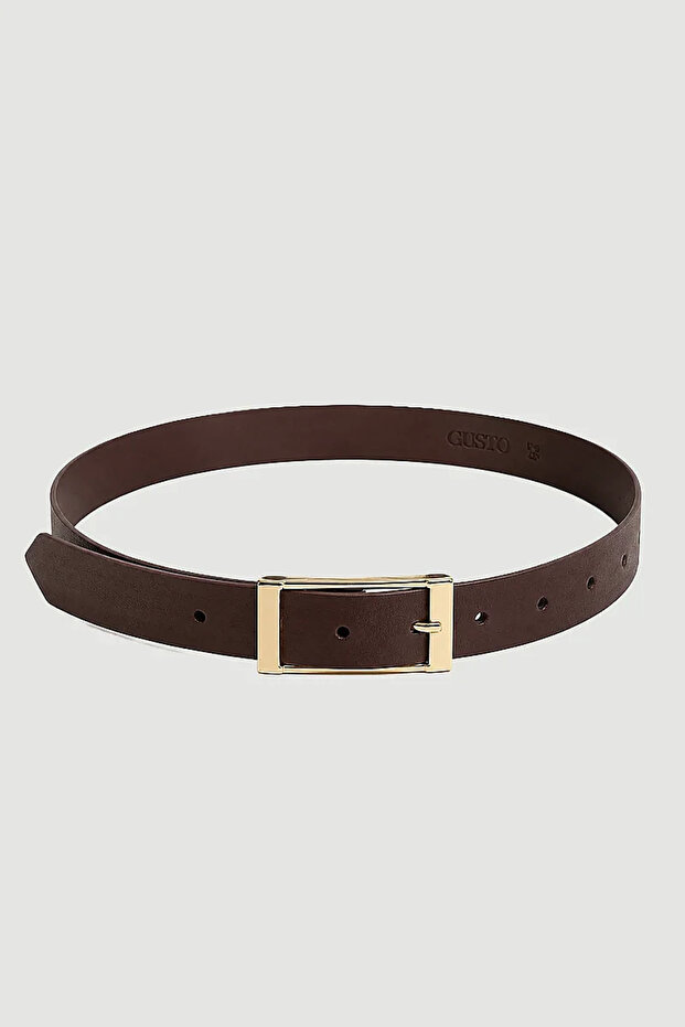 Rectangular Metal Buckle Faux Leather Belt - Brown