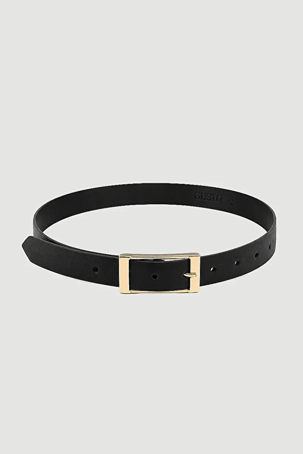 Rectangular Metal Buckle Faux Leather Belt - Black
