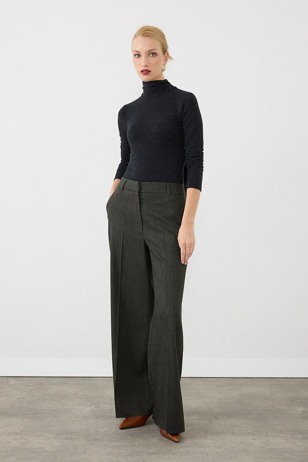 Herringbone Wide-Leg Wool Trousers - Khaki