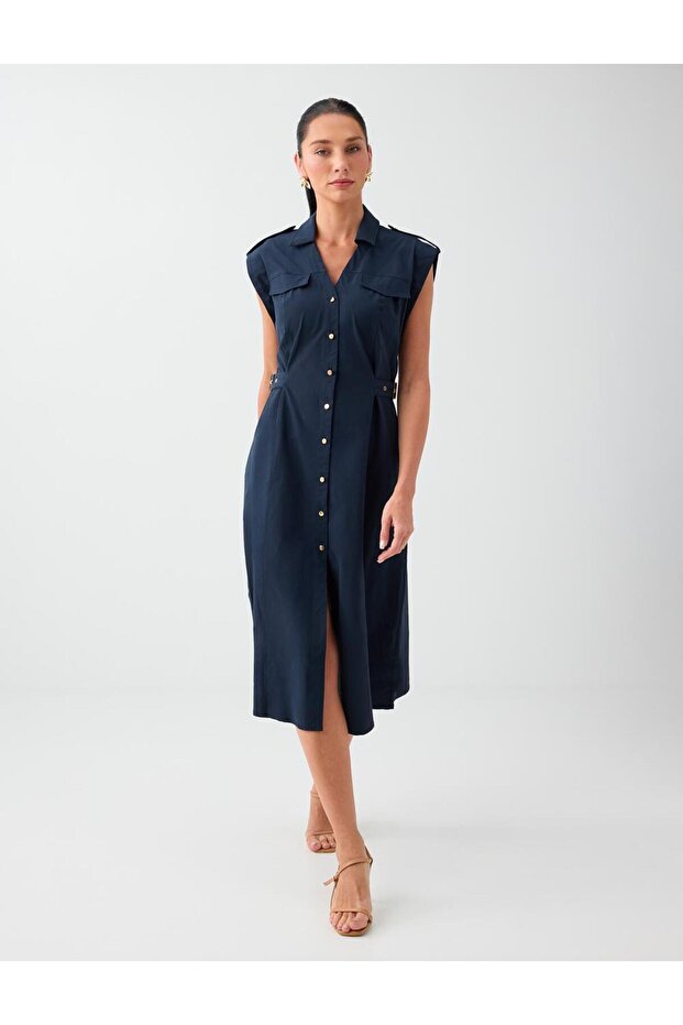 Navy Blue Shirt Collar Pocket Detailed Poplin Midi Dress